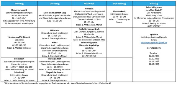Tabellarische Übersicht der Veranstaltungsangebote. Detaillierte Informationen unten aufgeschlüsselt nach Wochentagen. 