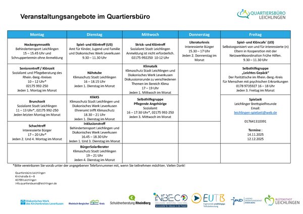 Tabellarische Übersicht der Veranstaltungsangebote. Detaillierte Informationen unten aufgeschlüsselt nach Wochentagen. 