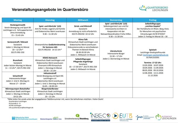 Tabellarische Übersicht der Veranstaltungsangebote. Detaillierte Informationen unten aufgeschlüsselt nach Wochentagen. 