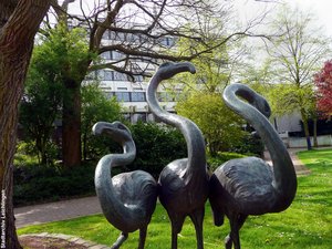 Heute im Neuen Stadtpark: die stadtbekannten Flamingos als Nachfolger der Reiherstatuen (Quelle: Stadtarchiv Leichlingen)