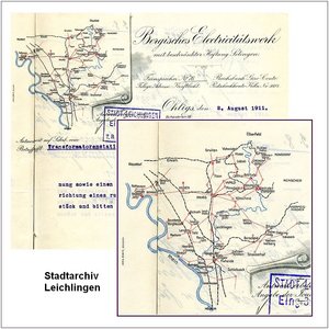 Das wachsende Elektrizitätsnetz der „Bergischen Electricitätswerke“ zierte im Jahr 1911 auch den Briefkopf des Unternehmens. Das Werk war Haupt- bzw. Alleinversorger vieler Gemeinden im Bergischen - darunter ab dem 1. Januar 1901 auch Leichlingen (Q