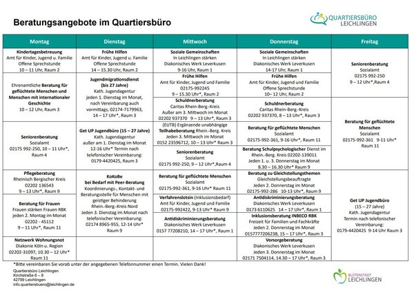Tabellarische Übersicht der Beratungsangebote. Detaillierte Informationen unten aufgeschlüsselt nach Wochentagen. 